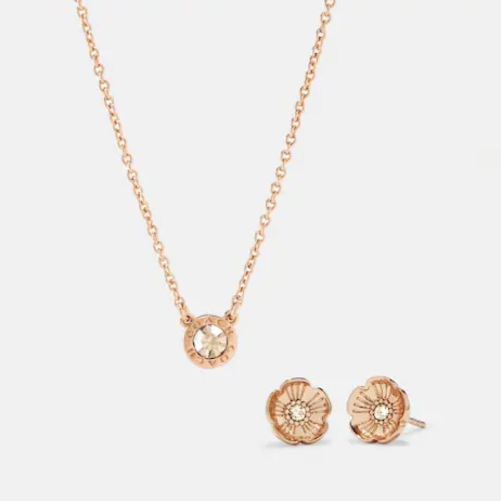 Brand New Coach Open Circle Necklace And Tea Rose Stud Earrings Set